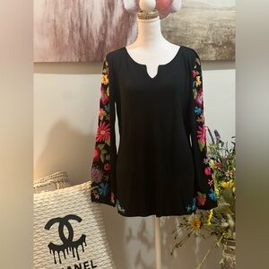 Michelle Nicole Black Top with Colorful Floral Sleeves (T)